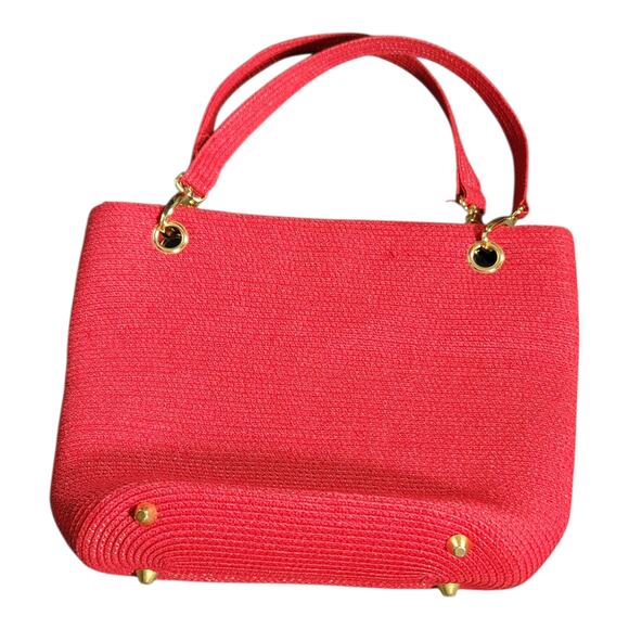 Red Woven Structured Handbag Gold Tone Hardware Top Handle Tote Studded Purse - Picture 3 of 12